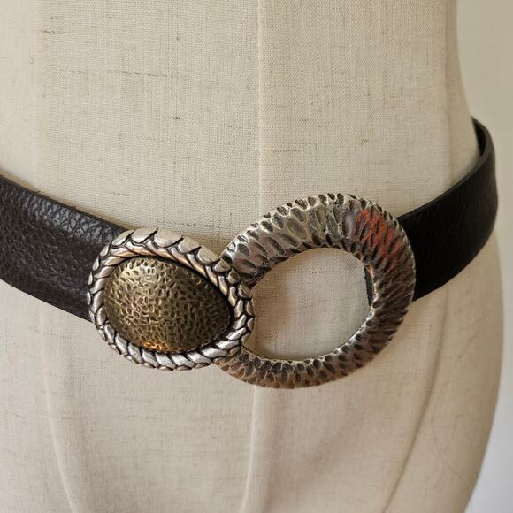 Chico's‎ Hammered Metal Ring & Hook Sling Belt M/L Brown Leather Silver Brass - Picture 1 of 9